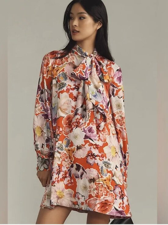 Maeve Dresses & Skirts - Anthropologie The Caroline Tie-Neck Mini Dress by Maeve Floral Multicolor Dress